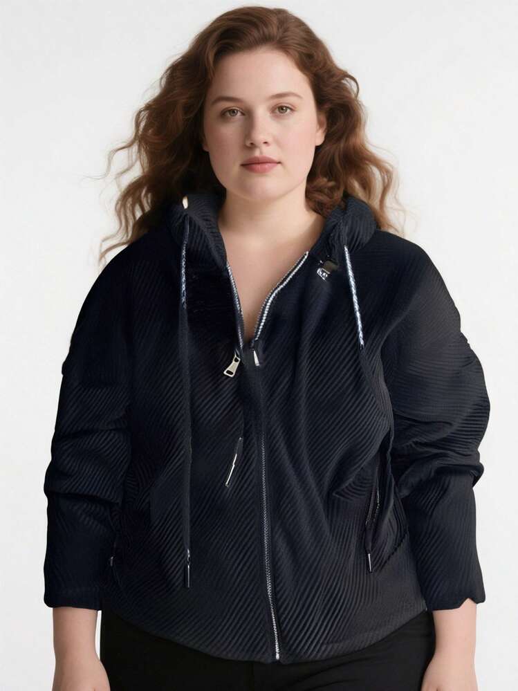 Primavera y Otoño Waffle Solid Color Sudadera con capucha para las mujeres - Negro - Añade 4