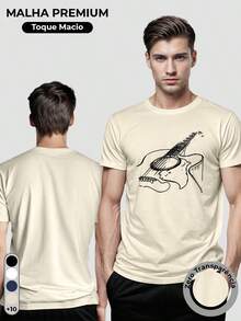 Men's 100% Cotton T-Shirt With Guitar Print - 米色 - 查看 2