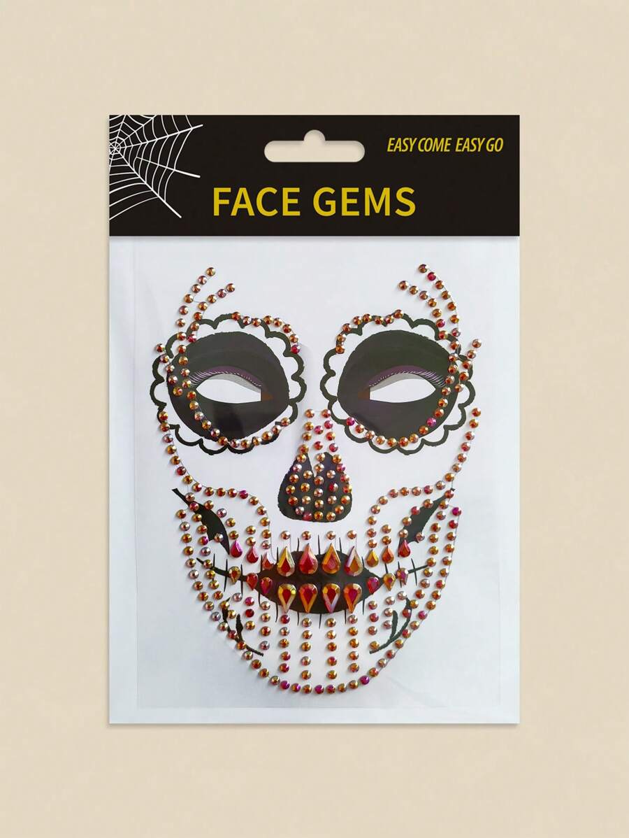 1 张闪闪发光的钻石脸贴纸 - 万圣节和亡灵节设计 ABS 材质闪光贴花，非常适合派对、化妆舞会、万圣节、充满活力的宝石设计