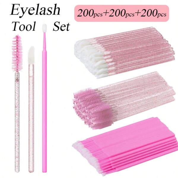 600pcs Eyelash Extension Supplies Kit Disposable Lash Spoolies Brushes Micro Swab Brush Mascara Wand Lip Brushes, Pink