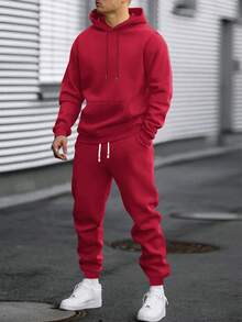 Bộ áo hoodie và quần nỉ nhẹ cho nam, kiểu dáng cơ bản màu trơn, trang phục thời trang thường ngày cho mùa xuân và mùa thu, thích hợp làm quà tặng cho chồng hoặc bạn trai, dạo phố, đi làm, hoạt động ngoài trời, kỳ nghỉ - Đỏ - Xem 3