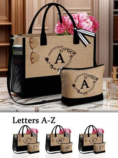 A-Z字母花环帆布手提袋，化妆包，适合婚礼、生日、节日等场合，是送给女性、妈妈、老师、朋友、伴娘、学生、返校季的绝佳礼物，大容量，旅行手提包，适合假期、周末出行，个性化生日礼物，附赠围巾