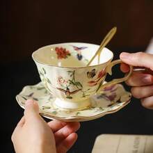 Fanquare Vintage Spring Style Tea Cup And Saucer Set, 8 Oz Porcelain Coffee Cup With Gold Trim, Flower And Bird Teacups For Women And Tea Parties - Bird and Flower - View 6