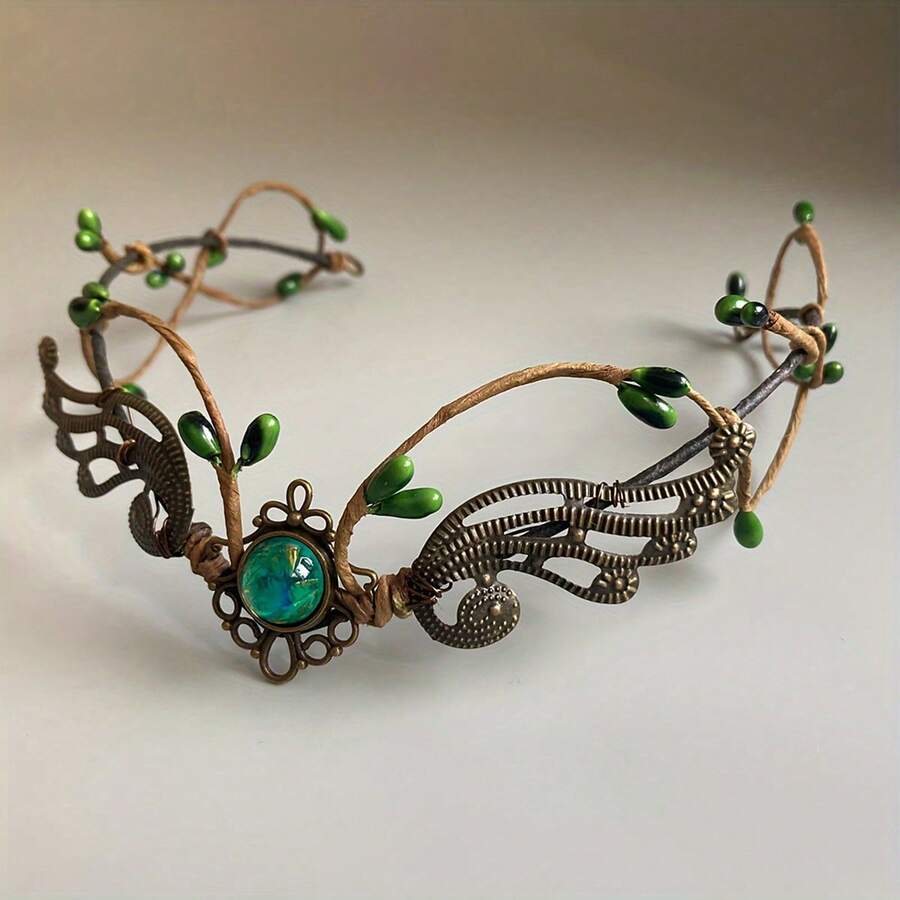 Crown For Women Forest Green Elf Headpiece V Shape Gemstone Headband Fake Leaf Forest Headpiece For Medieval Renaissance Costume Cosplay Photo Shoot - 綠色 - 查看 1