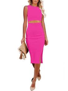Elegante vestido midi ajustado con cortes en blanco - Rosa Fucsia - Ver 1