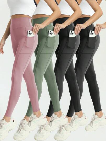 4 件套女士加大码高腰柔软修身纯色紧身裤，瑜伽裤，适合户外运动、跑步、骑行，带口袋