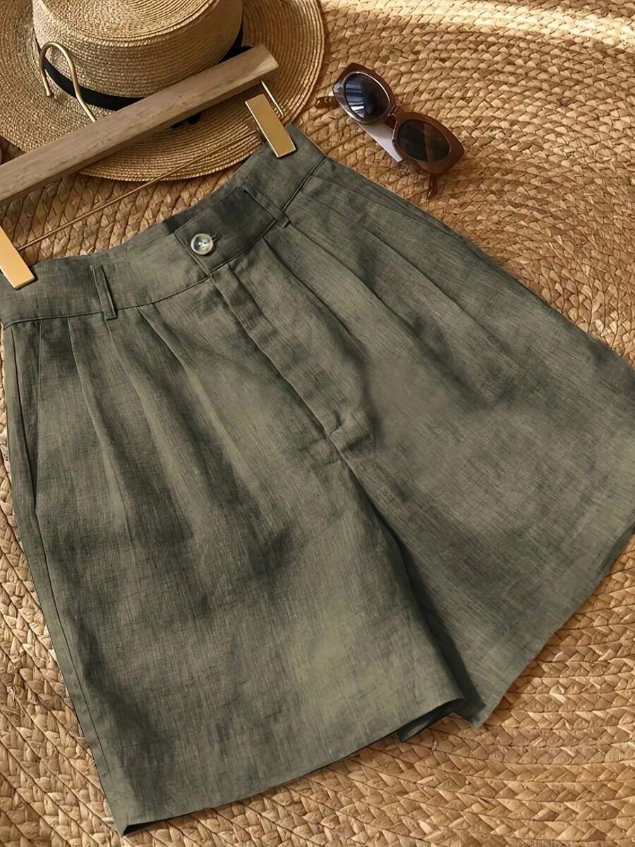 Quần short nữ dáng rộng, màu trơn, cài nút, kiểu dáng thường ngày, đa năng cho mùa hè. - Xám Xanh Lá Cây - Xem 1