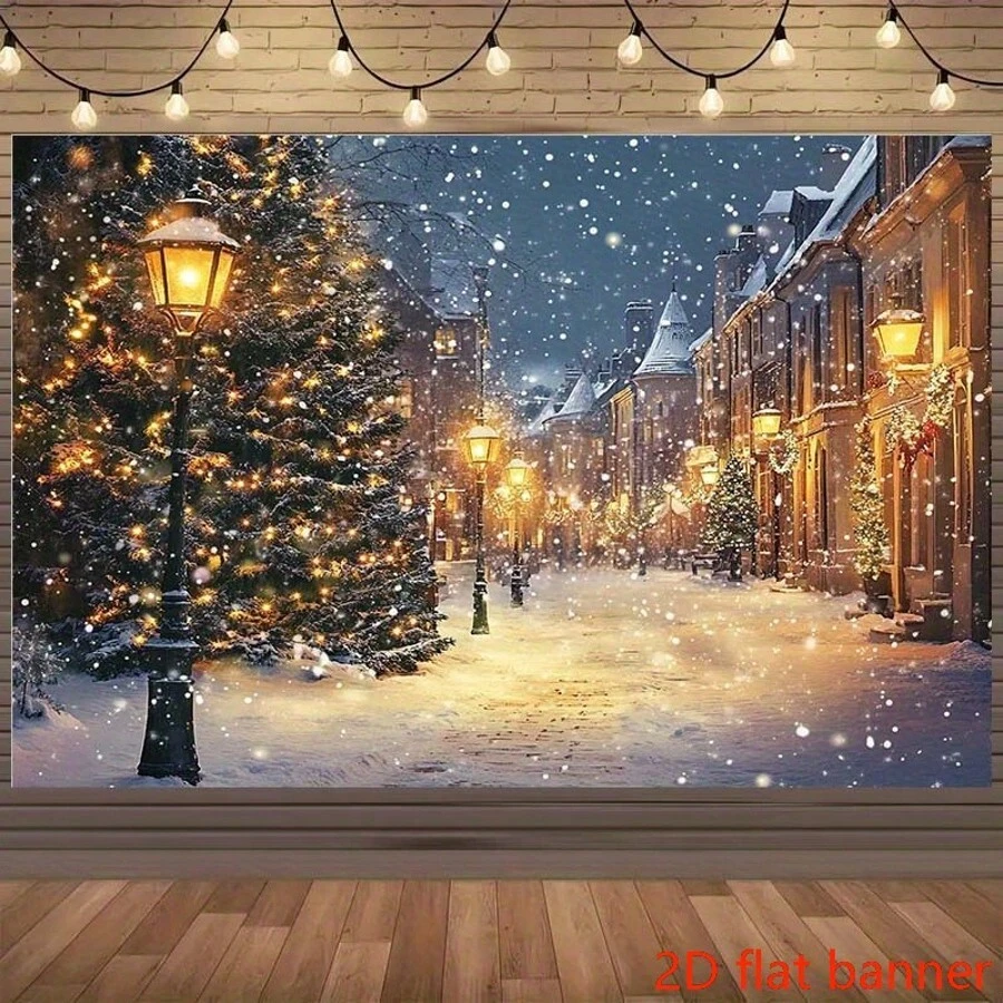 1pc Christmas Winter Snowy Landscape Backdrop With Lamp Post, Holiday Trees And Cozy Cottage, Polyester Fabric, Suitable For Holiday Photography, Baptism, First Communion, Outdoor Party Decor