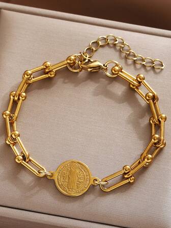 ZIRUISP Pulsera con dije en forma de U con cruz de Jesús para mujeres y hombres, de acero inoxidable con baño de oro de 18K, cadena ajustable, joyería de moda con significado, regalo ideal para cumpleaños, bautizos u otras celebraciones religiosas para uso diario