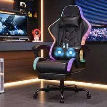 Devoko Gunji Massage Video Game Chair For Adults With Footrest, PU Leather Computer Desk Chair, Adjustable Backrest, High Back Support, Home Office Chair With Headrest And Lumbar Support - 黑色 - 查看 2