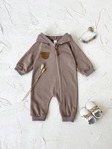Newborn Baby Boy Clothes Jumpsuit, Bear Badge Decor, Long Sleeve, Hooded, Brown, Spring/Autumn - Brown - View 9