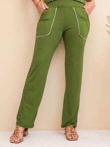 Women's Set With Vivid Vies Detail, Short Sleeves And Pants With Pocket - 軍綠色 - 查看 5