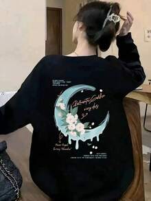 Women's Moon Pattern Print Long Sleeve Round Neck T-Shirt, Casual Loose Fit Versatile Black Top, Autumn - Black - View 2