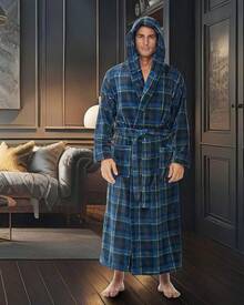 Mens Robe With Hood, Plush Fleece Hooded Mens Bathrobe, Big And Tall Bath Robe For Menhalloween - Highland Tartan Plaid - View 9