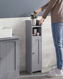 VASAGLE Small Bathroom Storage Corner Floor Cabinet With Door, 7.9 X 7.1 X 31.5 Inches, Bathroom Organizer, Narrow Toilet Paper Storage Cabinet, Adjustable Shelves - 灰色 - 查看 1