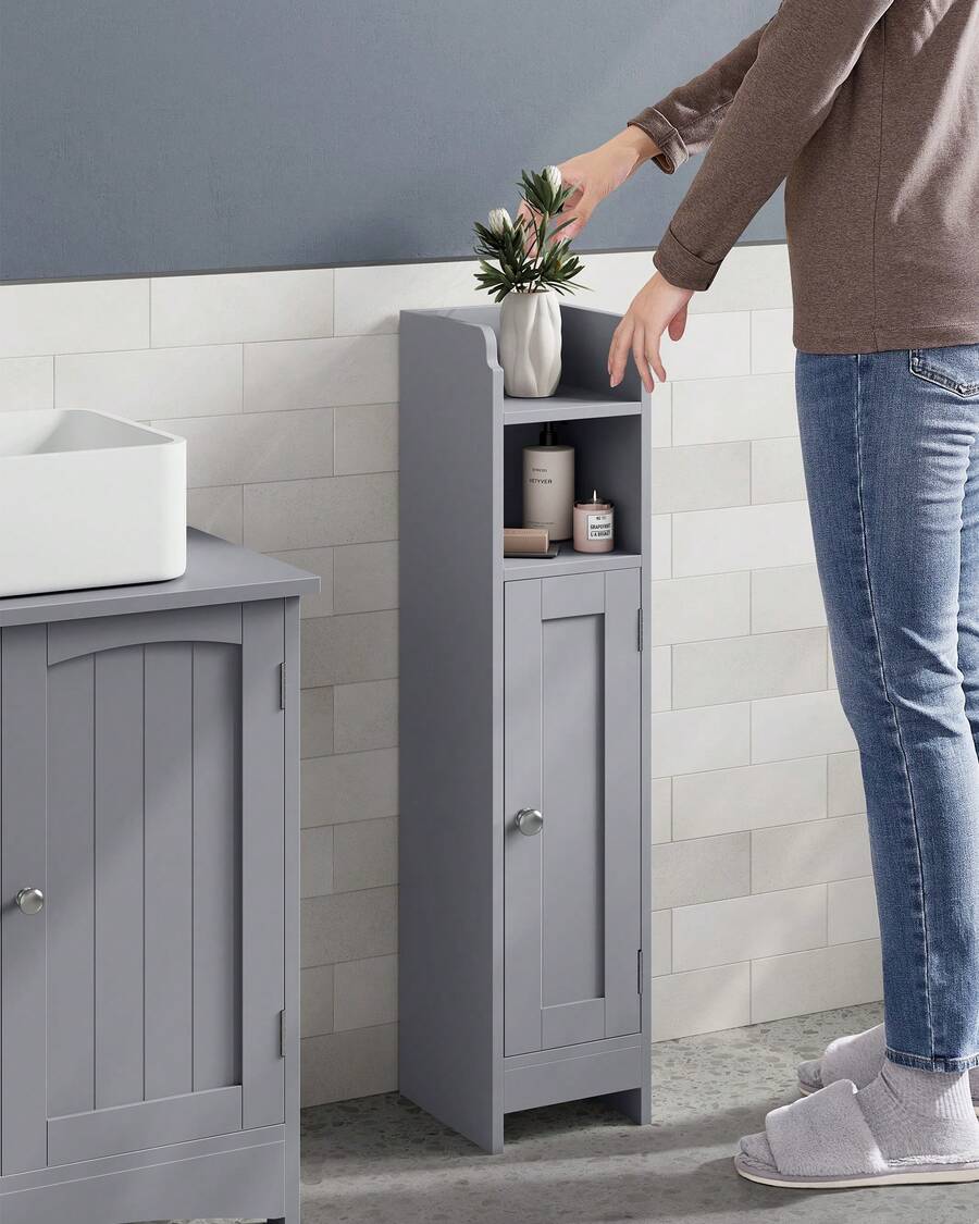 VASAGLE Small Bathroom Storage Corner Floor Cabinet With Door, 7.9 X 7.1 X 31.5 Inches, Bathroom Organizer, Narrow Toilet Paper Storage Cabinet, Adjustable Shelves - 灰色 - 查看 1