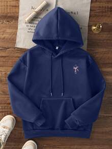 Women's Casual Graphic Print Loose Fit Thermal Lined Hoodie Sweatshirt, Winter - Navy Blue - View 4