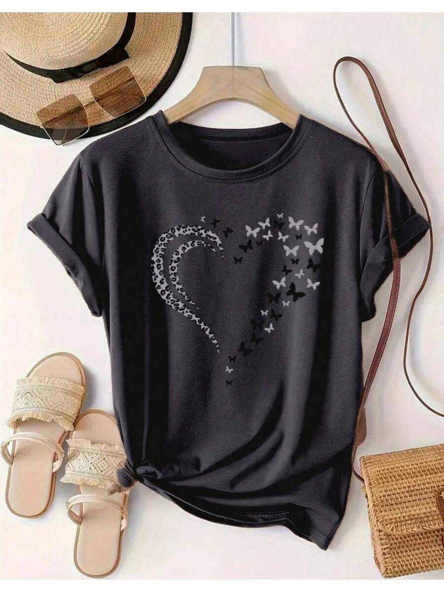 Women's T-Shirt Blouse Heart Butterfly Print - 黑色 - 查看 1