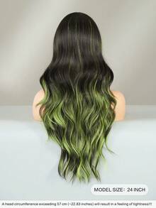 24 Inch Long Wavy Black Green Highlight Wig With Curtain Bangs For Women Heat Resistant Fiber Hairpiece,Natural Synthetic Full Machine Hair Wigs For Daily Music Festival Party Wear, Cosplay Halloween & Street Photography Use - 挑染綠色 - 查看 4