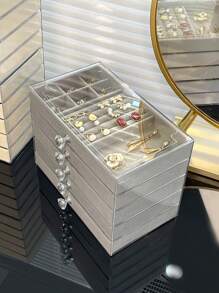 1pc, 7 Compartments 5 Layers Velvet Jewelry Box Drawer-Style Jewelry Box Ring Box Earring Storage Box Drawer-Style Jewelry Storage Box,3 Layers Clear Plastic & Velvet Drawers Jewelry Storage Box