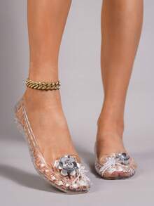 秋冬韩版果冻鞋女时尚低帮镂空方头平底一脚蹬休闲鞋 - 無色 - 查看 3