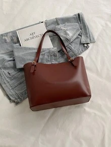 Large Capacity Black Tote Bag For Women, Minimalist PU Leather Shoulder Handbag With Buckle Closure, Fashion Commuter Work Bag Suitable For Office, School, Shopping, Daily Use - Brown - View 9
