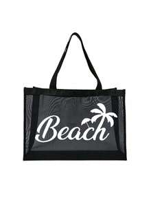 Large Capacity Net Bag Set, "Beach" Pattern Printed Net Bag, Mesh Beach Tote Bag, Mesh Cosmetic Bag, Foldable Large Capacity Swimming Beach Bag, Waterproof And Sandproof, Letter Decor Mesh Beach Tote Bag, Personalized Gift Bag, Mother's Day Gift For Girlfriend, Wife, Mother, Summer - Black - View 14