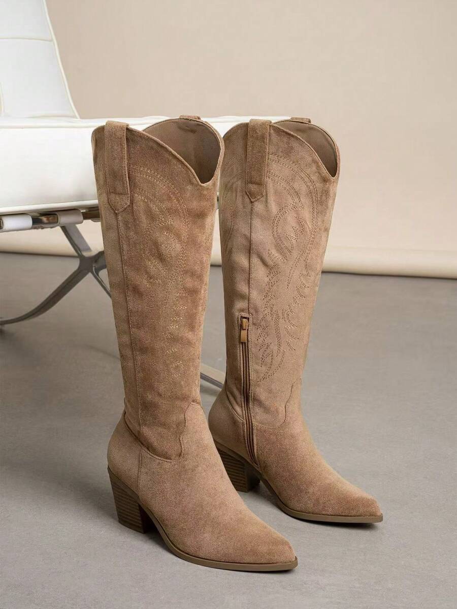 Women's Western Style Rhinestone Embellished Mid-Calf Boots - Camel 5656 - View 1