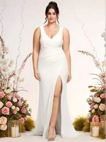 大碼高衩婚紗連衣裙不附面紗 - 白色 - 查看 8