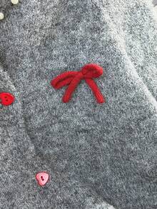 JIANHU Cárdigan con adorno de perlas en gris claro - Cárdigan de punto de otoño/invierno con lazo rojo y detalles de botones, para fiesta de Navidad y cita de Año Nuevo