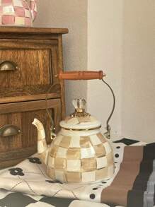 1pc Vintage Classic Plaid Wooden Handle Enamel Teapot, Cup, Large Capacity Straight Canister With Lid, Nordic Style Diamond Lid Large Capacity Kettle, Multipurpose High Temperature Resistant Kettle, Coffee Pot, Milk Tea Pot, Fruit Tea Pot, Unbreakable And Non-Stick Oil Pot, Back To School Supplies - Plaid - View 18