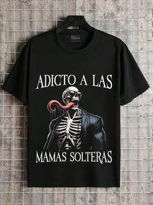 Camiseta de 100% algodón para hombres - Camiseta casual de cuello redondo clásico de manga corta. Camiseta de manga corta negra con patrón de esqueleto y texto "ADICTO A LAS MAMAS SOLTERAS" - Negro - Ver 1