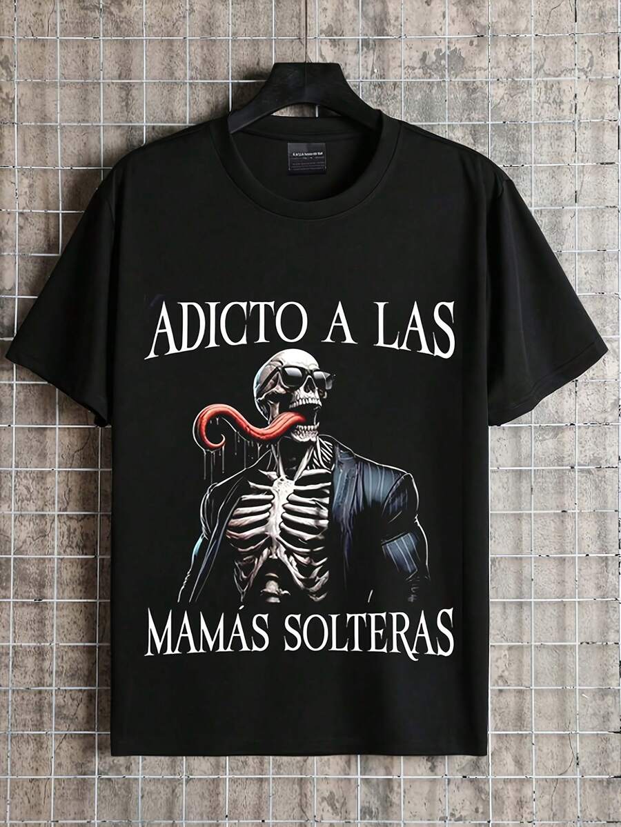 Camiseta de 100% algodón para hombres - Camiseta casual de cuello redondo clásico de manga corta. Camiseta de manga corta negra con patrón de esqueleto y texto "ADICTO A LAS MAMAS SOLTERAS" - Negro - Ver 1