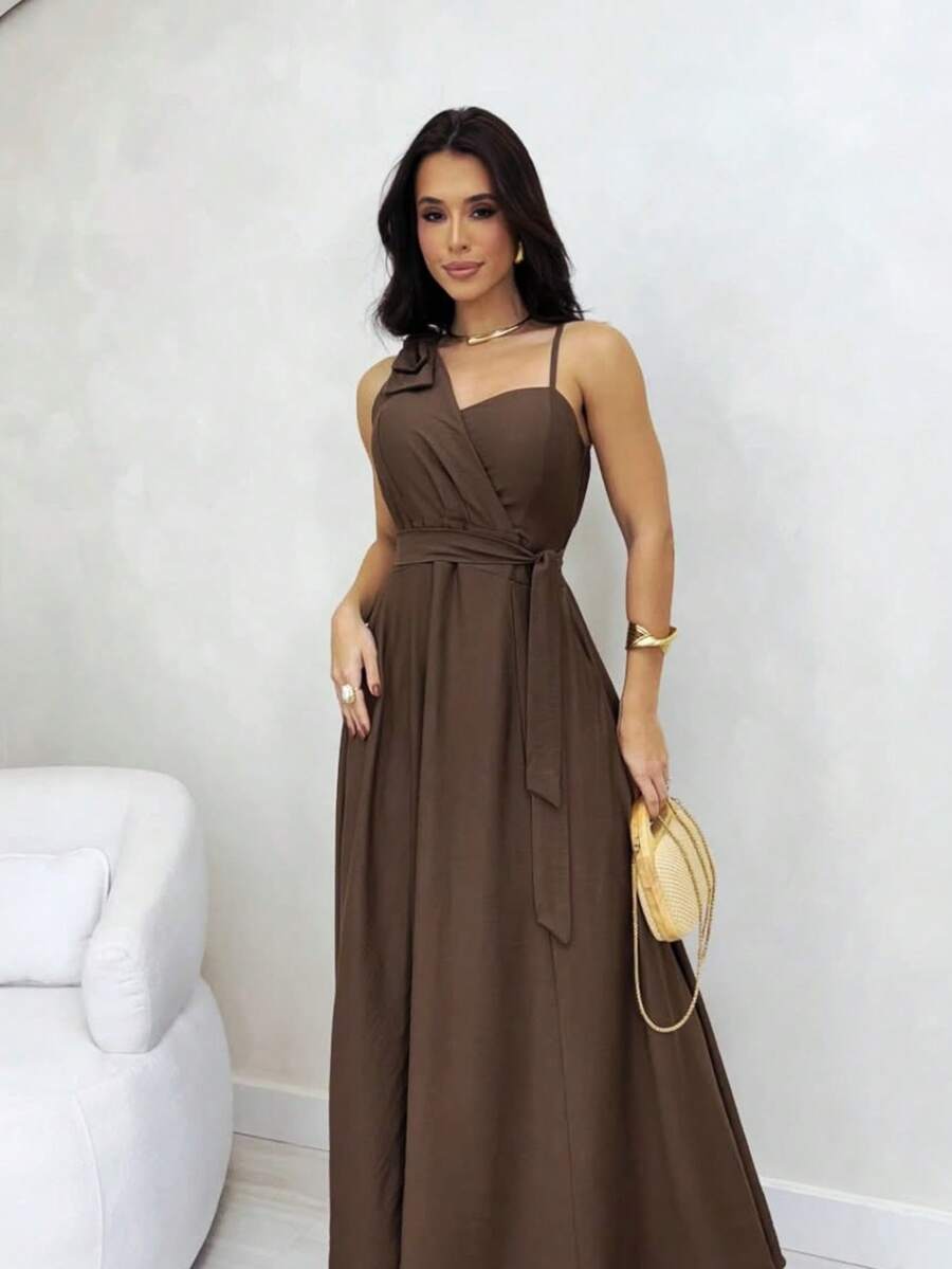 Women's Long Dress With Bow, Lastex Bodice, Simple Party, Pocket - Rỉ Nâu - Xem 1