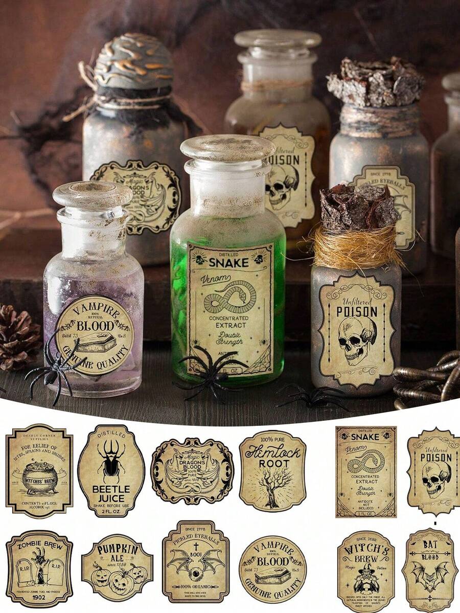 6 PIEZAS Etiquetas adhesivas vintage y espeluznantes para botellas de vino de Halloween, decoraciones de etiquetas adhesivas de papel resistentes al agua para botellas de vino de fiesta de Halloween, recuerdos de fiesta de Halloween