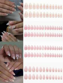 96 Stück mittlere Mandel-Aufklebe-Nägel mit französischer Spitze, Blumen- und Perlendesign, elegant & schick für Frauen und Mädchen, Sommer-Nägel-Kunst für Alltag, Büro, Zuhause, Party, Nagelbedarf - Verschiedenfarbig - Übersicht 3