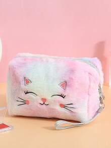 Borsa cosmetica alla moda a forma di gatto cartoni animati - spaziosa, in morbido peluche con cerniera, design portatile ottagonale, adatta per la casa e i viaggi