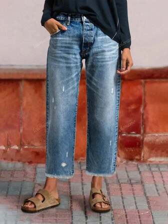 Women's Comfortable Loose Fit Distressed Washed Straight Leg Jeans, Relaxed Waist, Frayed Hem, European And American Street Style