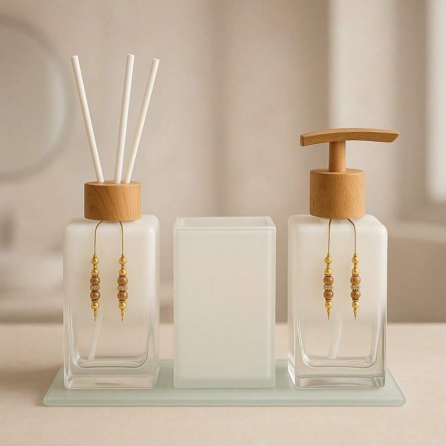 Lavatory Kit Diffuser Liquid Soap Toothbrush Holder And Tray - Chuyển màu trắng với gỗ - Xem 1