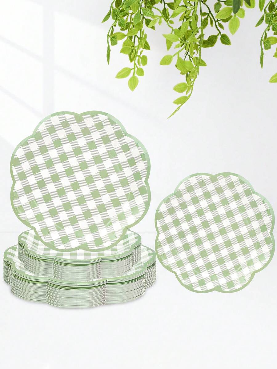 10件/20件/50件装鼠尾草绿格子派对用品，鼠尾草绿和白色扇形纸盘，花形7英寸蛋糕盘，9英寸餐盘，格子图案晚宴套装，适用于烧烤、婚礼、新娘送礼会餐桌装饰 - 綠色 - 查看 1