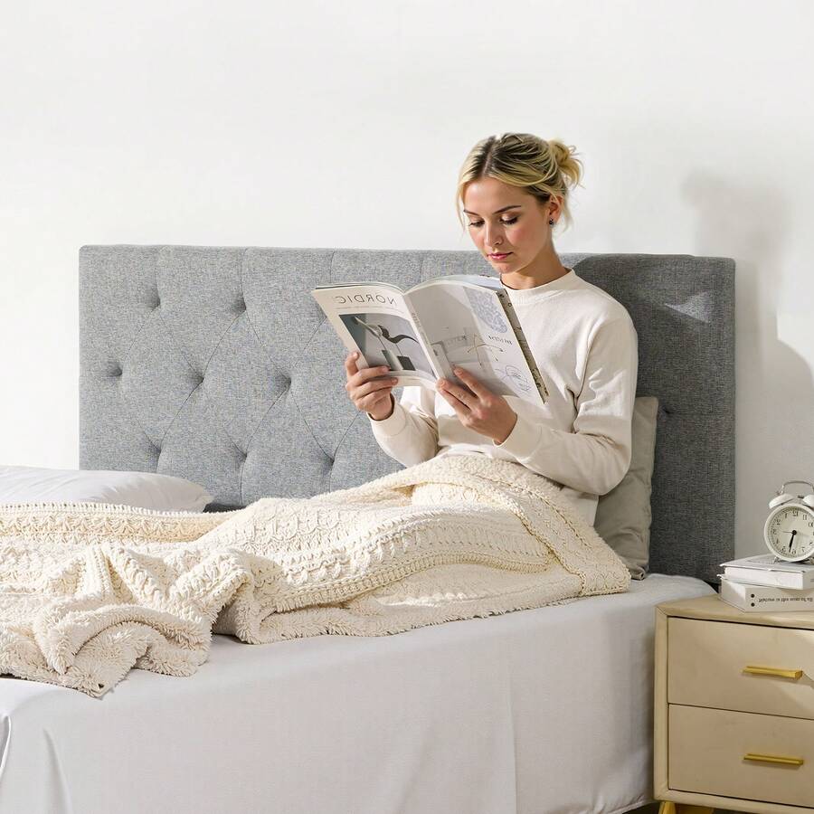 Headboard, Full Size Headboard With Adjustable Height, Comfortable Diamond Tufted For Full Size Bed, W 56.3 X H(35.6-47.4)Inches, Ideal For Bedroom, Hotel, Homestay, Dormitory, Light Grey - 灰色 - 查看 1