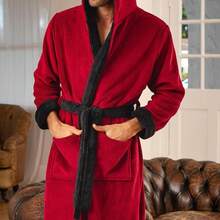 Mens Robe With Hood, Plush Fleece Hooded Mens Bathrobe, Big And Tall Bath Robe For Menhalloween - Burgundy With Black - View 9