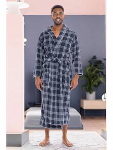 Mens Robe With Hood, Plush Fleece Hooded Mens Bathrobe, Big And Tall Bath Robe For Menhalloween - Blue Gray Plaid - View 5