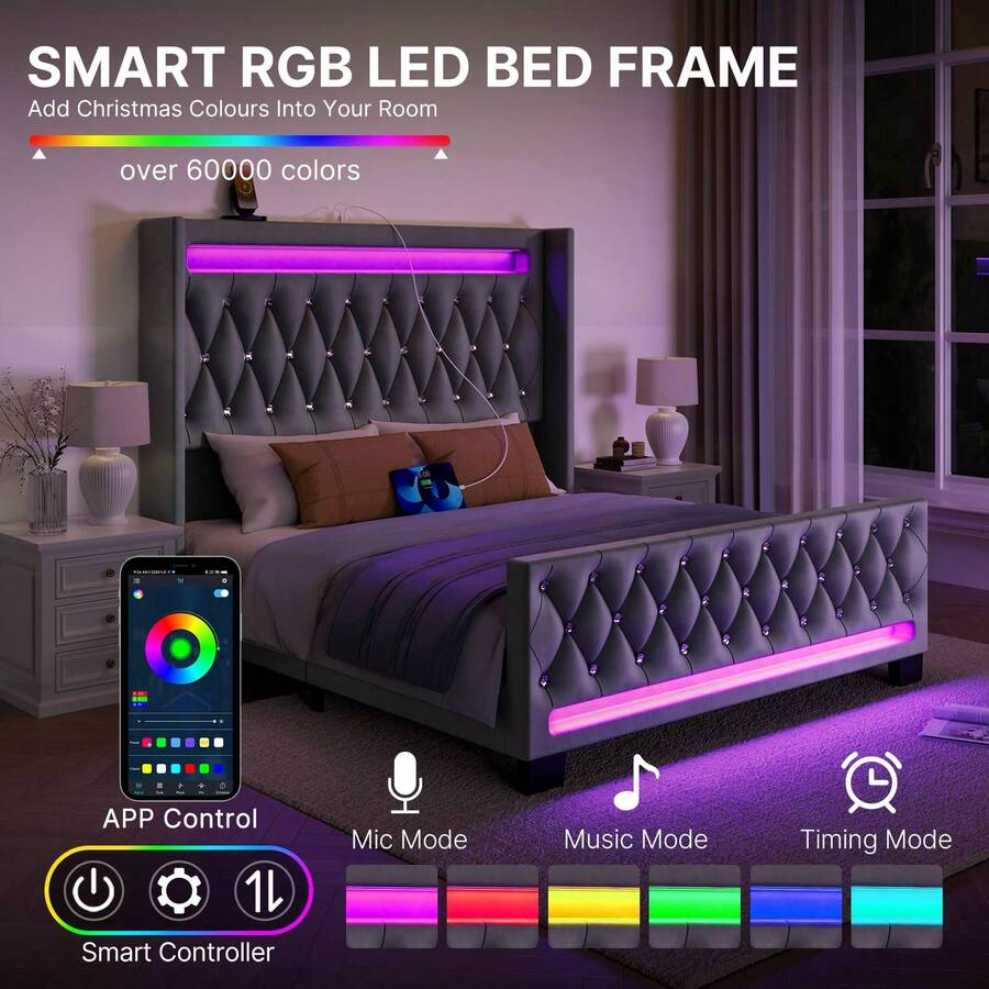 GREENSTELL Modern Platform Bed Frame ,Twin/Full/King/Queen Size Bed Frame With Upholstered High Headboard & Footboard, Heavy Duty Wood Slats ,With LED Lights & USB Charging Station ,Easy Assembly,Bedroom - Xám - Xem 1
