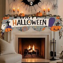 1pc/72pcs Halloween Fireplace Scarf With Pumpkin Lantern, Ghost Print, Polyester Fabric, Suitable For Halloween Decorations, Party Supplies, Table Runner, Flag, Or Hearth Cover, Perfect For Home Living Room Fireplace Door Window Decoration