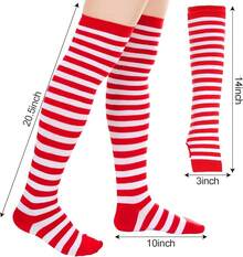 Tongcloud Women's Striped Knee High Socks, Over Knee Thigh High Socks, Arm Warmer And Fingerless Gloves SetHalloween Christmas New Year - 紅白色 - 查看 2