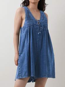 Women Summer Sleeveless Oversize Denim Romper To Music Festival Adjustable Tie Front Waist Utlty Pockets Non-Stretch Vacation Beach To Brunch Wear - 牛仔藍 - 查看 5
