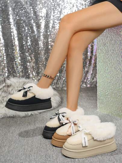 Damen Dicke Patchwork Schneestiefel, warm & wasserdicht, modisch & bequem, rutschfeste Hausschuhe mit Schleifen-Dekor für den Innenbereich