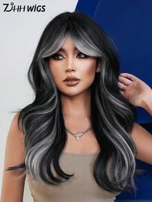 24 Inch Long Wavy Black White Highlight Wig With Curtain Bangs For Women Heat Resistant Fiber Hairpiece,Natural Synthetic Full Machine Hair Wigs For Daily Music Festival Party Wear, Cosplay Halloween & Street Photography Use - 挑染白色 - 查看 4