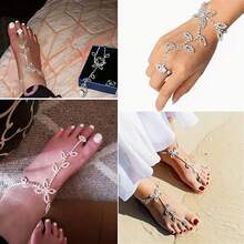 1 Gorgeous Rhinestone Leaf Shaped Toe Chain, Sparkling Bride Ankle Chain Bracelet For Women's Beach Barefoot Accessories - Silver - View 3